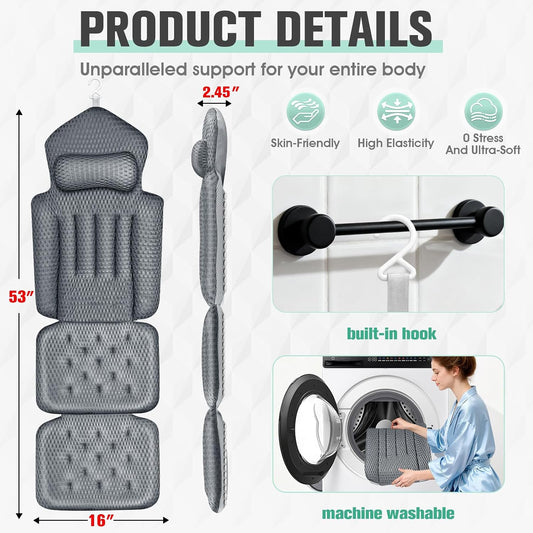 Upgraded Full Body Bath Pillow for Bathtub,Luxury Thick Bath Cushion for Soaking Tub with 192 Suction Cups,Full Body Bathtub Pillows for Head and Neck Shoulder Support,4D Air Mesh, 53" x 16" Dark Gray