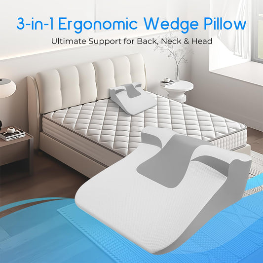 Bed Wedge Pillow for Sleep Apnea, Acid Reflux& Snoring Relief, Post-Surgery Recovery Pillow with Ergonomic 3-in-1 Certified Memory Foam for Back, Neck& Head Support (Pearl White)