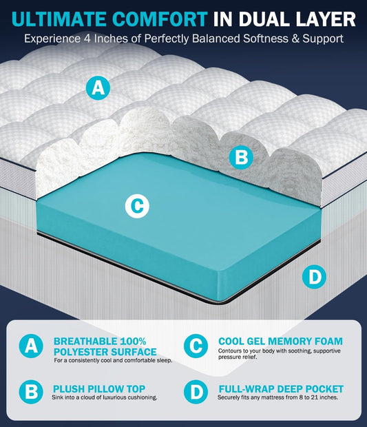 Dual Layer 4 Inch Memory Foam Mattress Topper King Size, 2" Cooling Gel Memory Foam & 2" Pillow Top Mattress Pad Cover for Back Pain Relief, Deep Elastic Pocket, Medium Support, White