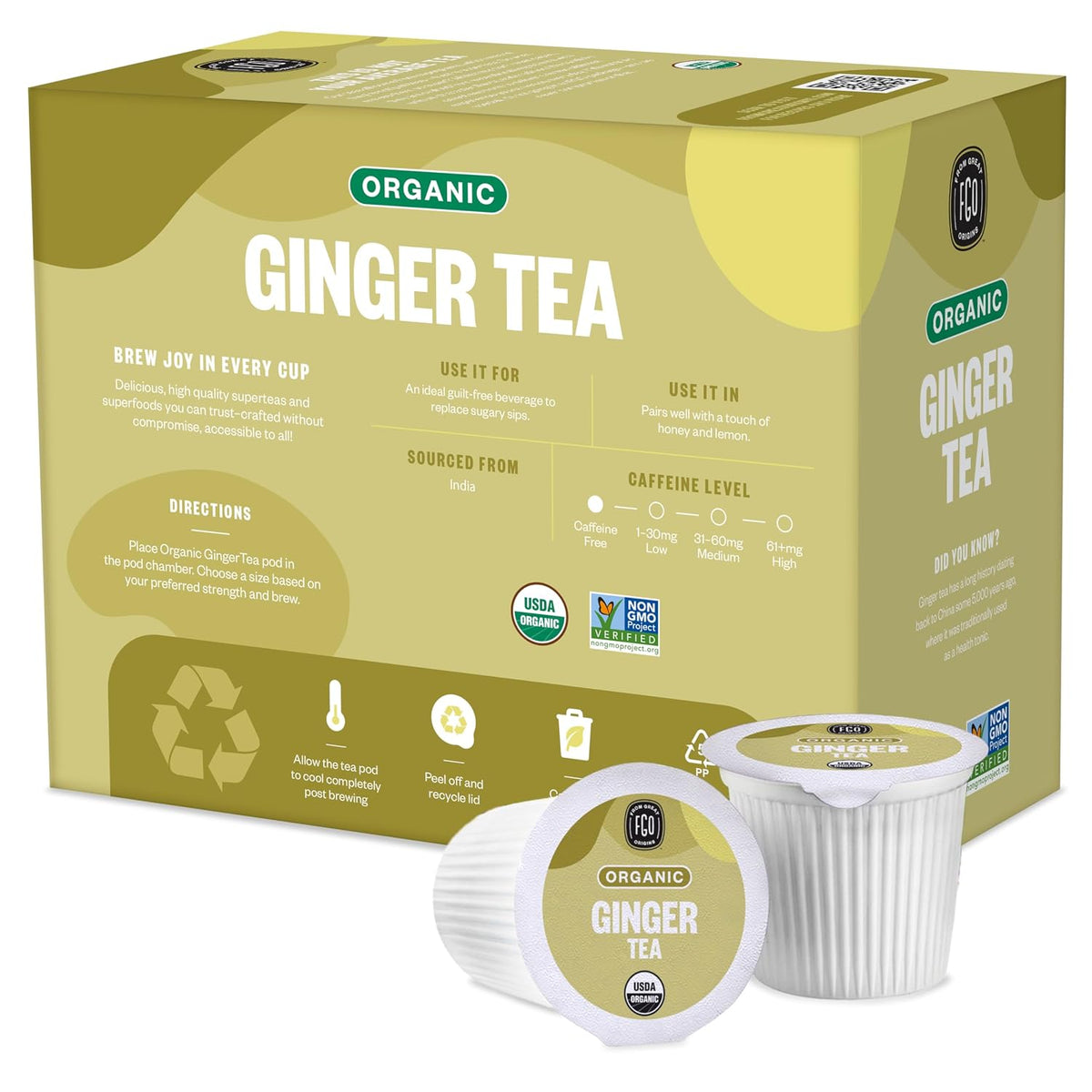 Organic Ginger Tea K-Cup Pods, 24 Pods by FGO - Compatible with Keurig - Naturally Caffeine-Free Herbal Tea, USDA Organic, Non-GMO, & Recyclable