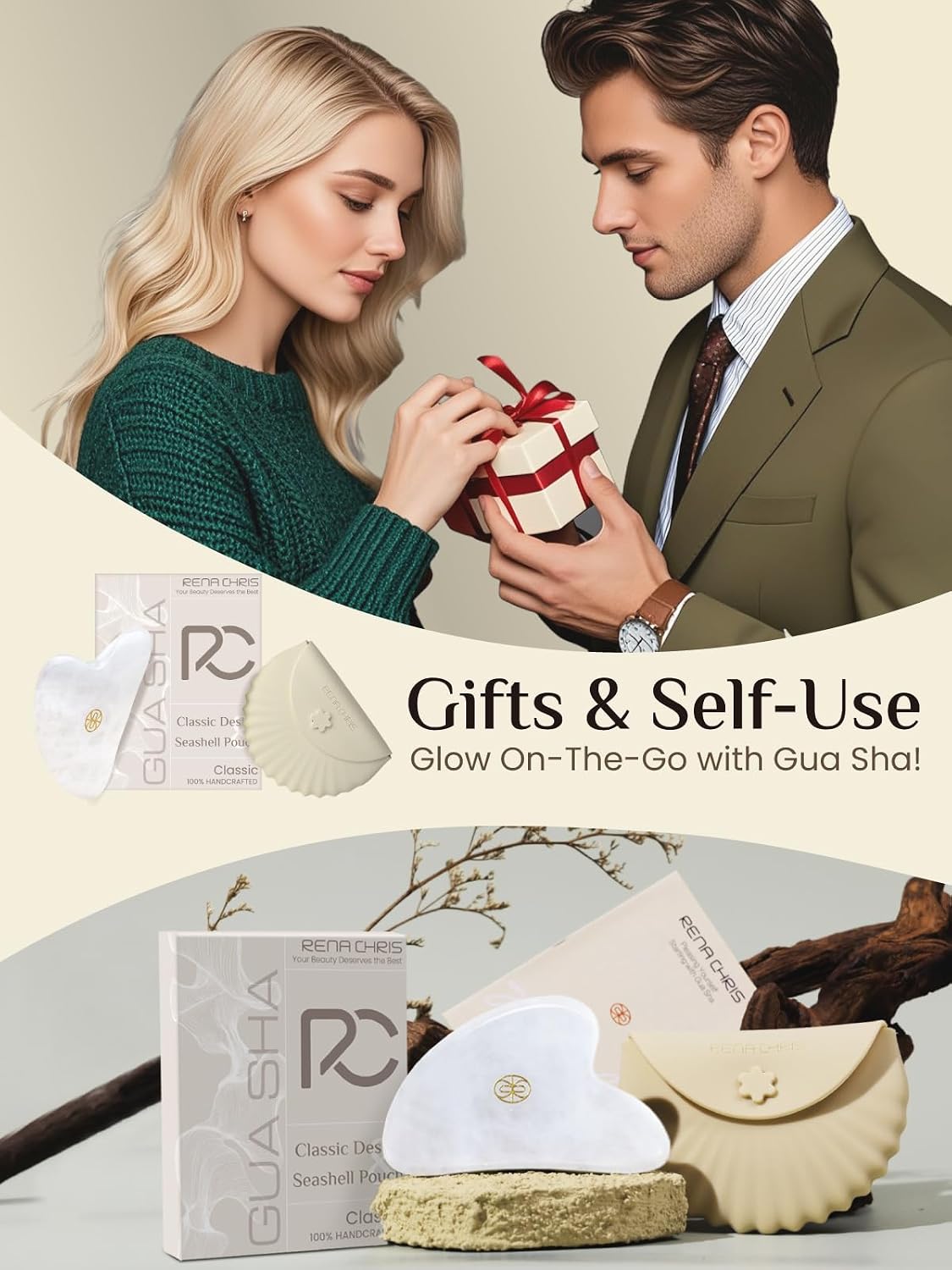 Rena Chris Gua Sha Facial Tools, Stainless Steel Guasha Tool for Acupuncture, Manual Massage Tool for Jawline Sculpting and Puffiness Reducing, Gua Sha Facial Massage Tool, Skin-Care Gift (Silver)