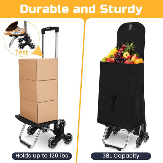 Tamacart Stair Climbing Shopping Cart, Foldable Grocery Cart with Removable Insulated Bag & Telescoping Handle, Rolling Cart for Groceries Market Laundry Black