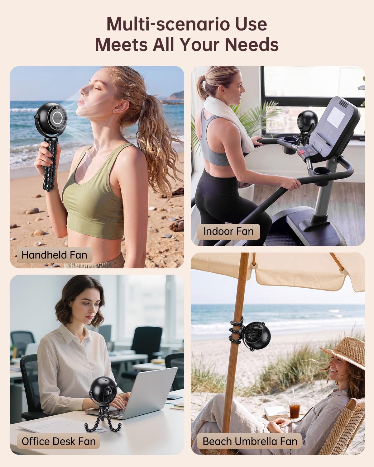 POPERFUN Portable Stroller Fan, Ultra-Long Battery Operated Rechargeable Personal Fan, Bladeless Octopus Tripod Clip Fan with 3 Wind Speeds for Baby Travel Bedroom Office Stroller Car Seat