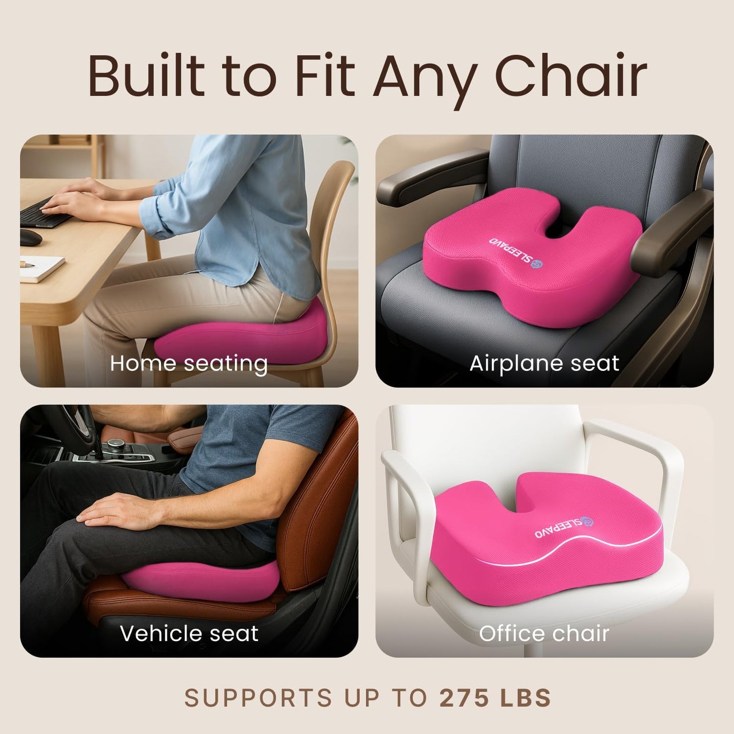 Sleepavo Office Chair Cushion - Seat Cushion for Tailbone Pain Relief - Butt Pillow for Coccyx, Sciatica, and Lower Back Pain - Orthopedic Chair Pad for Lumbar Support in Office Desk, Car, Airplane