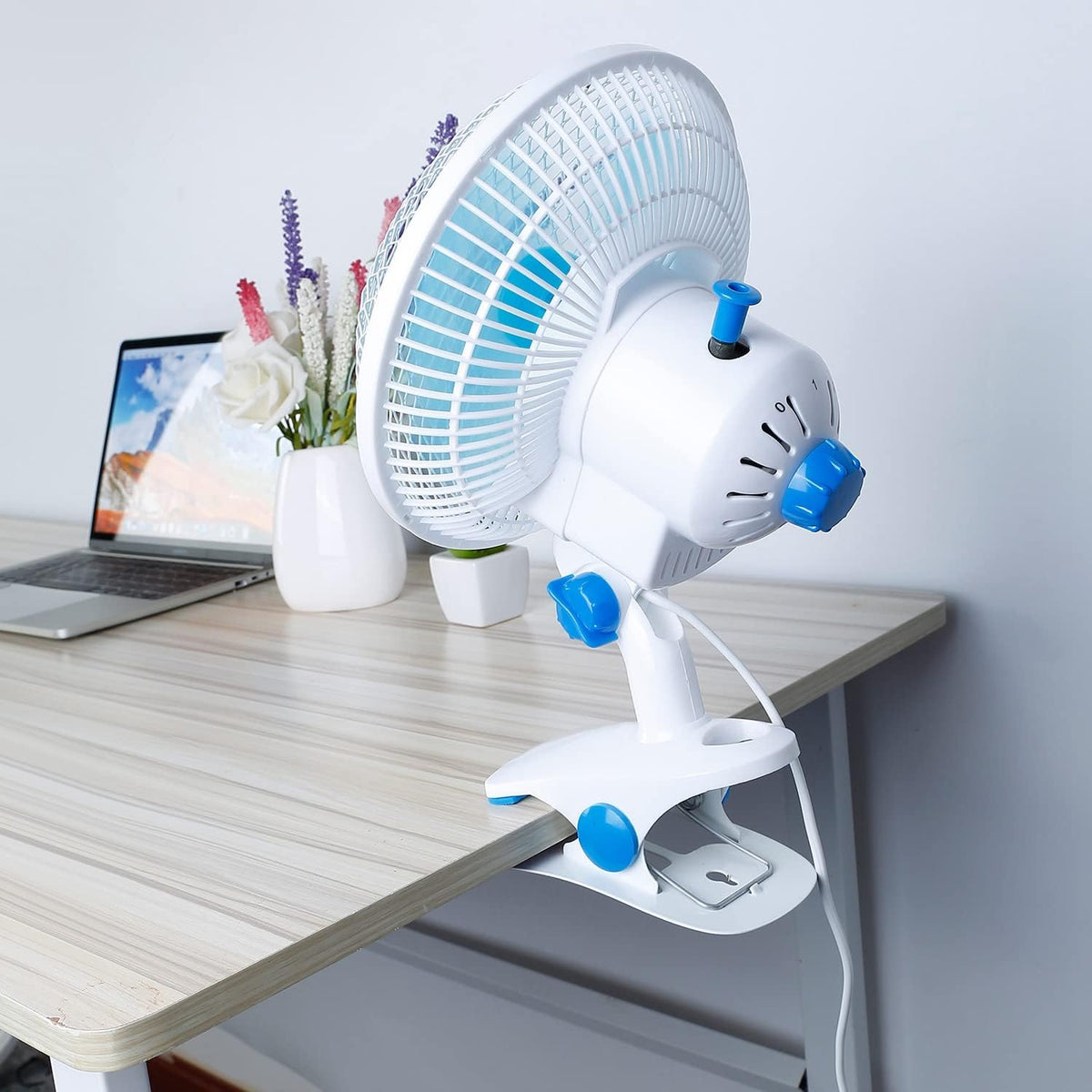 Moclever 8-Inch Clip On Fan, Quiet Desk Fan with Strong Clamp, 2 Speed Adjustable Tilt & Auto Oscillation, Powerful Personal Fan for Home Office Bedside, 3.9FT Cord Plug-in