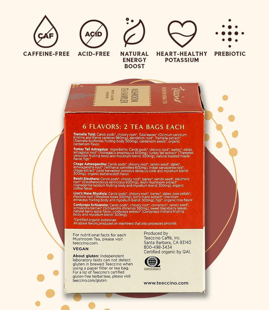 Teeccino Mushroom Herbal Tea - Mushroom Adaptogen Tea Sampler - 12 Tea Bags - Support Your Health With Mushrooms and Adaptogenic Herbs, Prebiotic, Caffeine Free, Acid Free