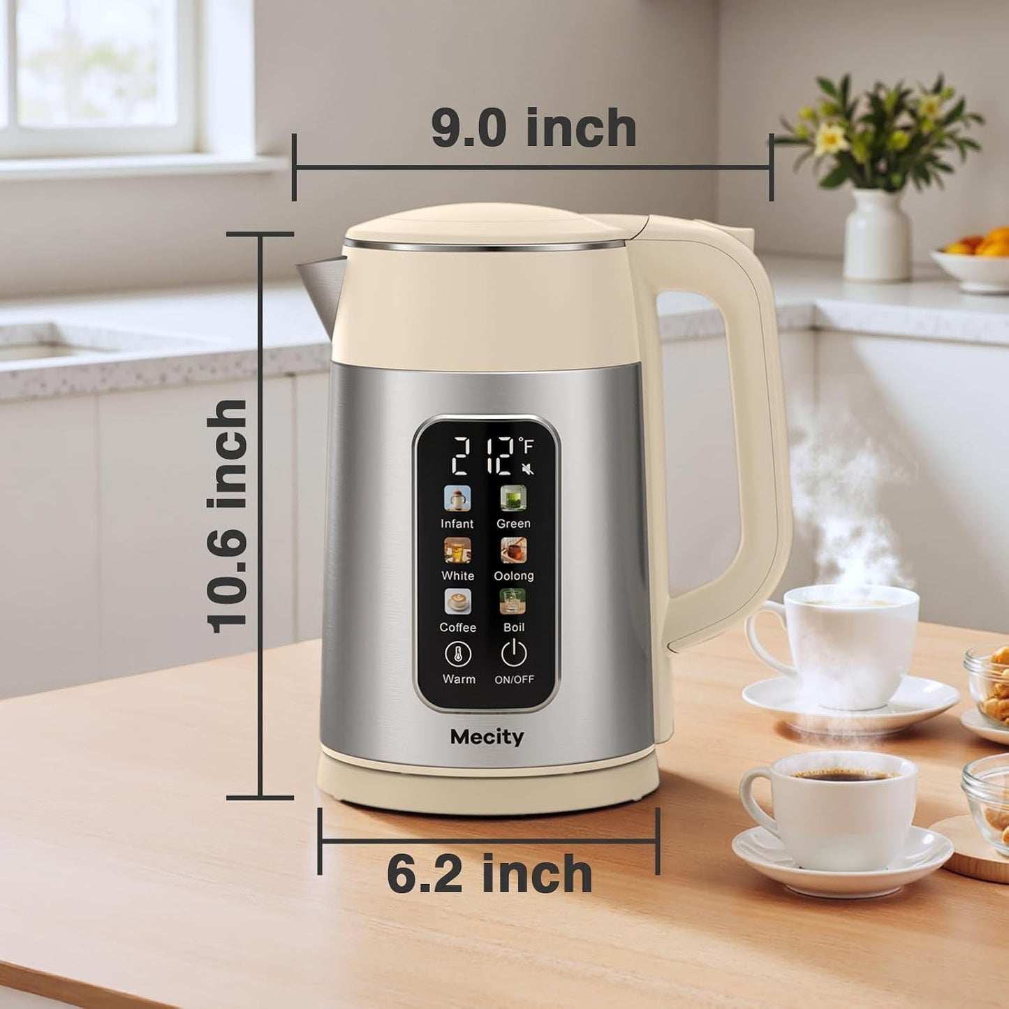 Mecity Electric Kettle 1.7L Touch Screen Temperature Control Water Boiler, No Plastic Contact with Water. 6 Preset Temperature Programs, 2 Hours Keep Warm, Auto Shut Off, Dark Grey