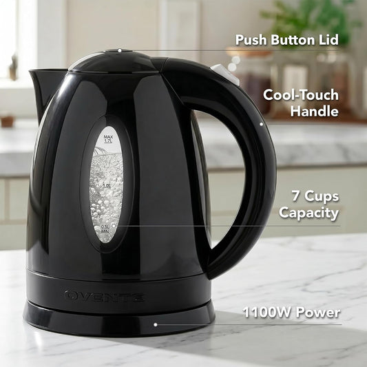OVENTE 1.7L Electric Tea Kettle, 1100W BPA-Free Water Boiler, Black KP72B