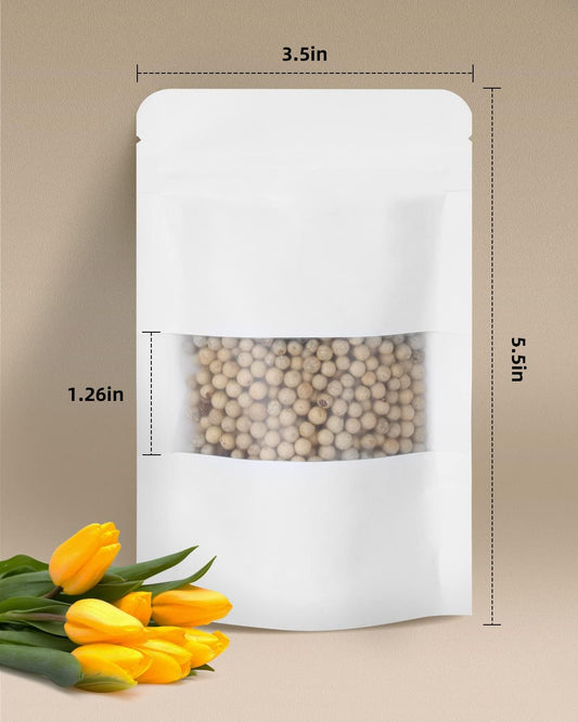 100pcs Kraft Bags with Window 3.5x5.5 Inches White Reusable Sealable Zip Lock Food Storage Stand up Paper Pouches for Home or Business