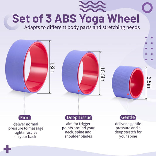 Simgoing 3 Pack ABS Yoga Wheel Set 660 Lbs Foam Roller for Back Pain & Stretching Back Wheel for Massage, Purple and Pink Set
