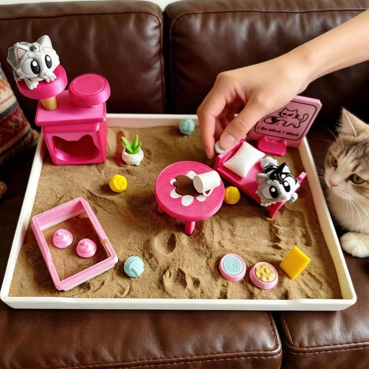 Mini Zen Garden for Desk, Cat Sand Tray Decor Gift Set