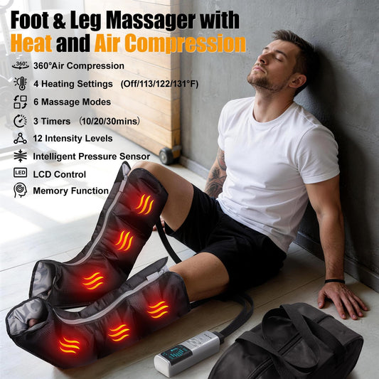 Leg Compression Massager for Circulation, Calf and Foot Massager with Heat, Compression Boots for Sore Muscle Relaxation, 6 Modes 12 Intensities 3 Timers, Gifts for Fathers Men and Women