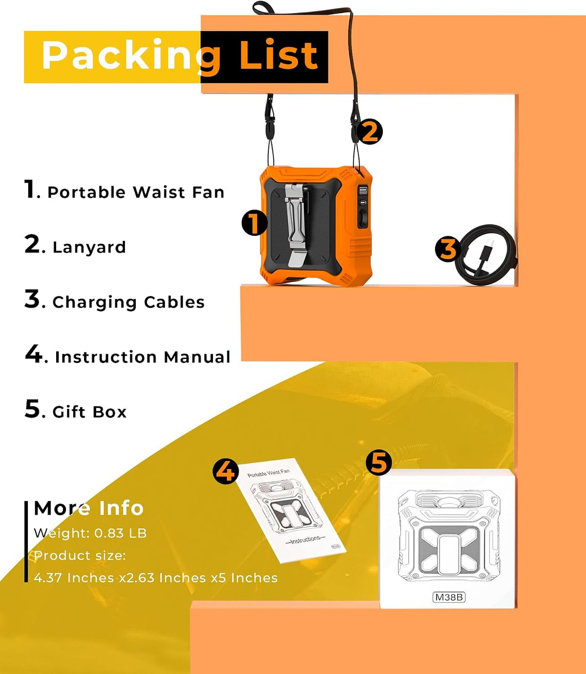 TUNISE Portable Fan with 5-Speed Settings, Dual-Sided Clip on Wearable Belt Waist Fan for 8000mAh, 2 Settings including Flashlight,Travel Essential for Outdoor Camping as Power Bank