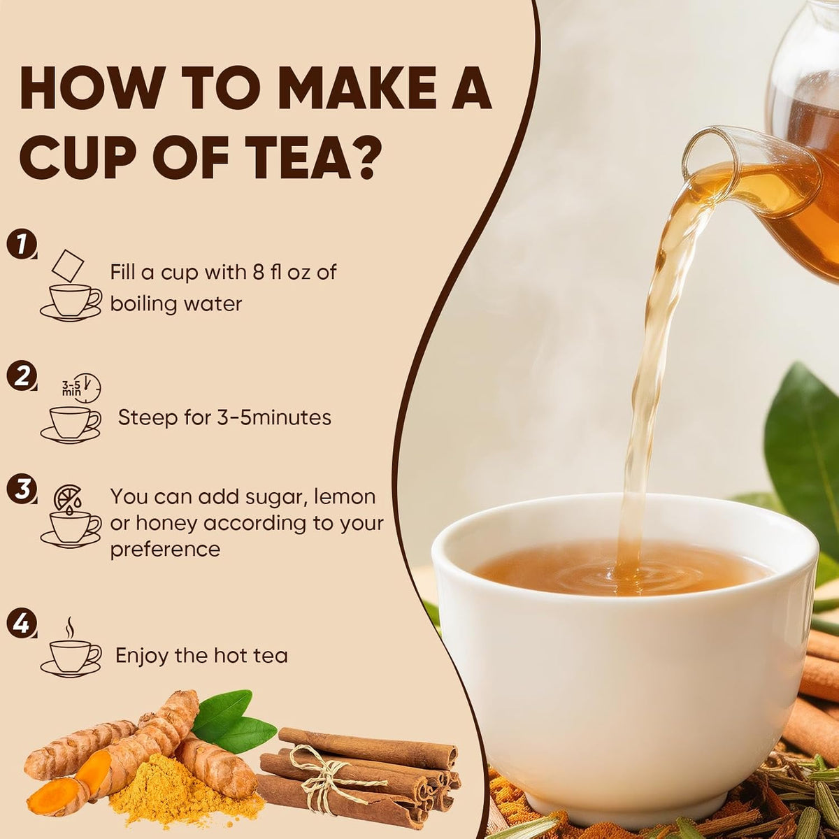 TEAWOO Turmeric Cinnamon Tea, Premium Turmeric Ginger Tea Bags, Natural Ingredients Herbal Tea, No Sugar, No Additives, No Caffeine(60 Bags)