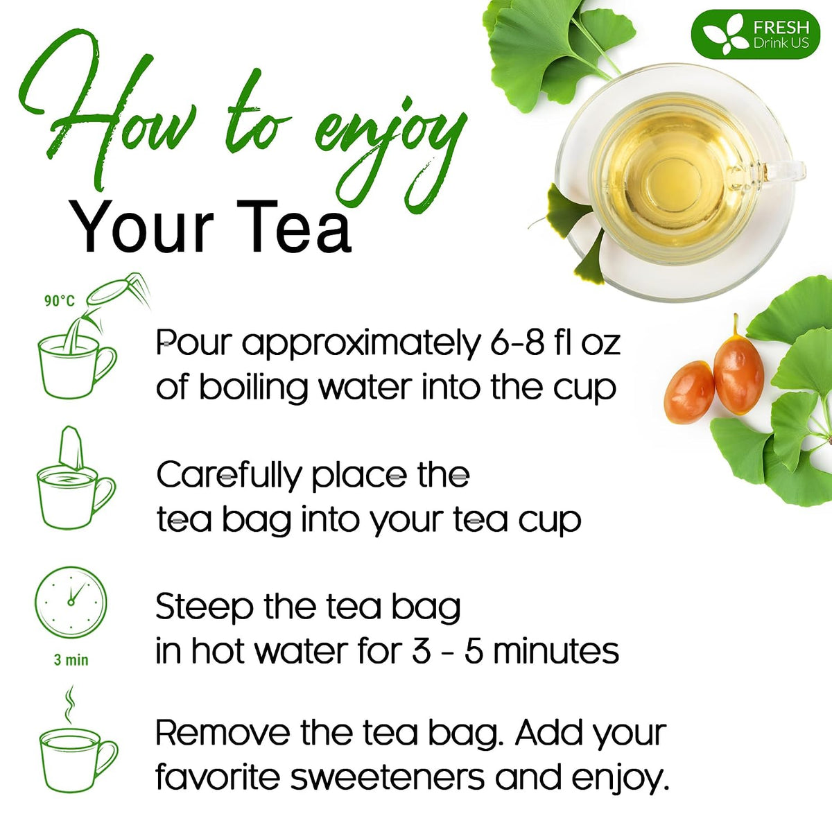 FreshDrinkUS, Premium Ginkgo Biloba Leaf Tea, 75 Count, Pure, No Caffeine