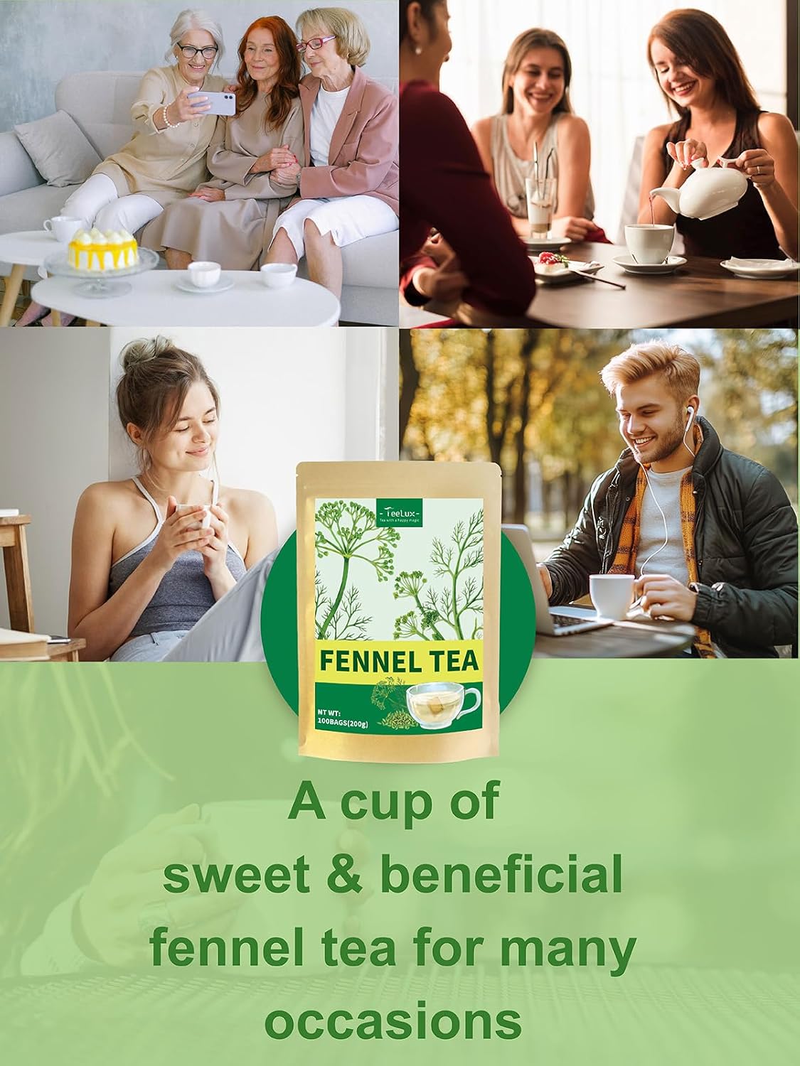 TeeLux Fennel Tea Bags, Natural Fennel Seed Tea, Caffeine Free, 100 Count