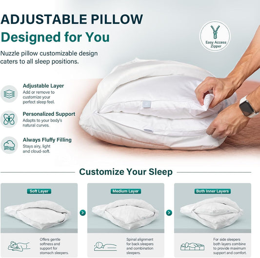Nuzzle Cooling Adjustable Pillow for Side Sleepers,Queen Size Bed Pillow 4 Pack – Hotel Luxury Neck Support, Height Adjust Soft Sleeping Pillow for Back, Stomach or Side Sleepers-Home Gift