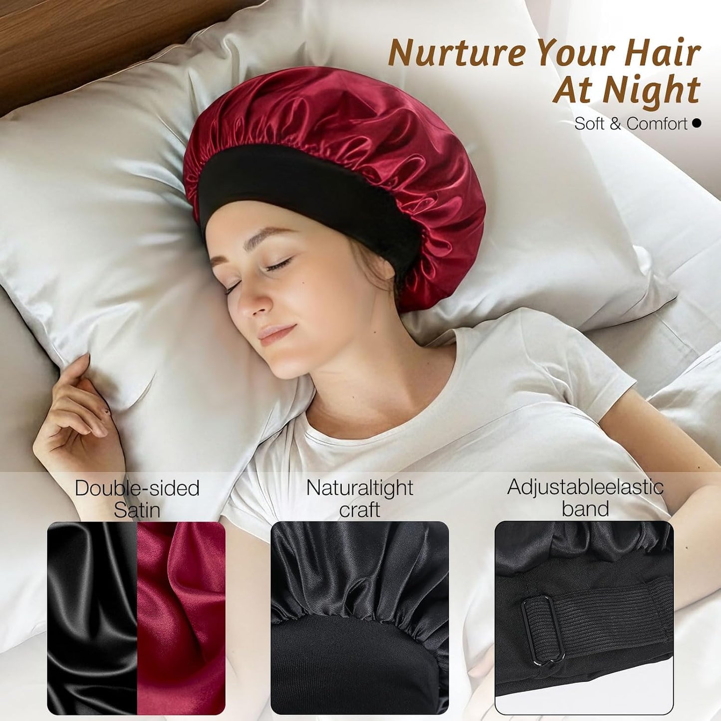 Silk Bonnet for Sleeping Double Layer Satin Bonnet Adjustable Bonnets for Black Women Sleep Cap Reversible Hair Bonnet for Curly Hair (Black and Purple)