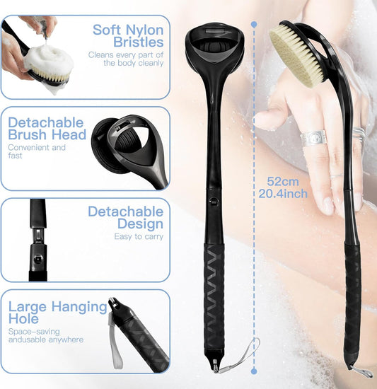 Back Scrubber for Shower, 20.4” Long Handle Shower Back Brush with Removable Soft Bristle Head, Non-Slip Bath Brush for Body, Deep Exfoliating Back Washer for Men & Women
