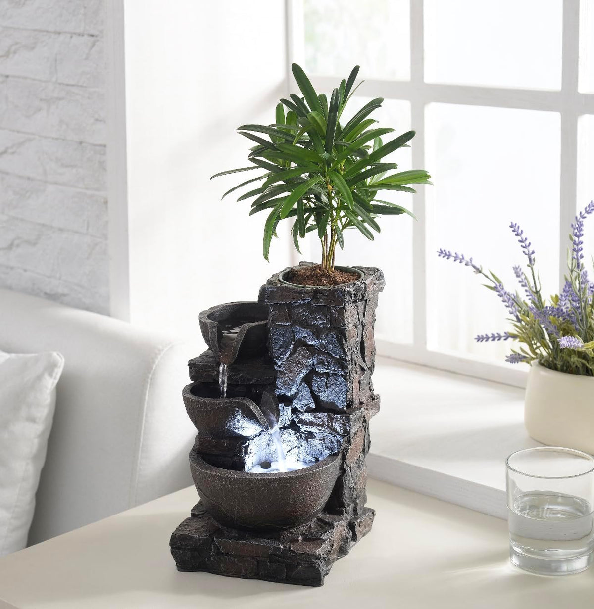 MAOCHI Indoor Tabletop Water Fountain with Planter Pot, Small Desk Waterfall with Cool LED Lights, Zen Decor for Office, Home & Bedroom, Calming Meditation Relaxation Gifts for Plant Lovers