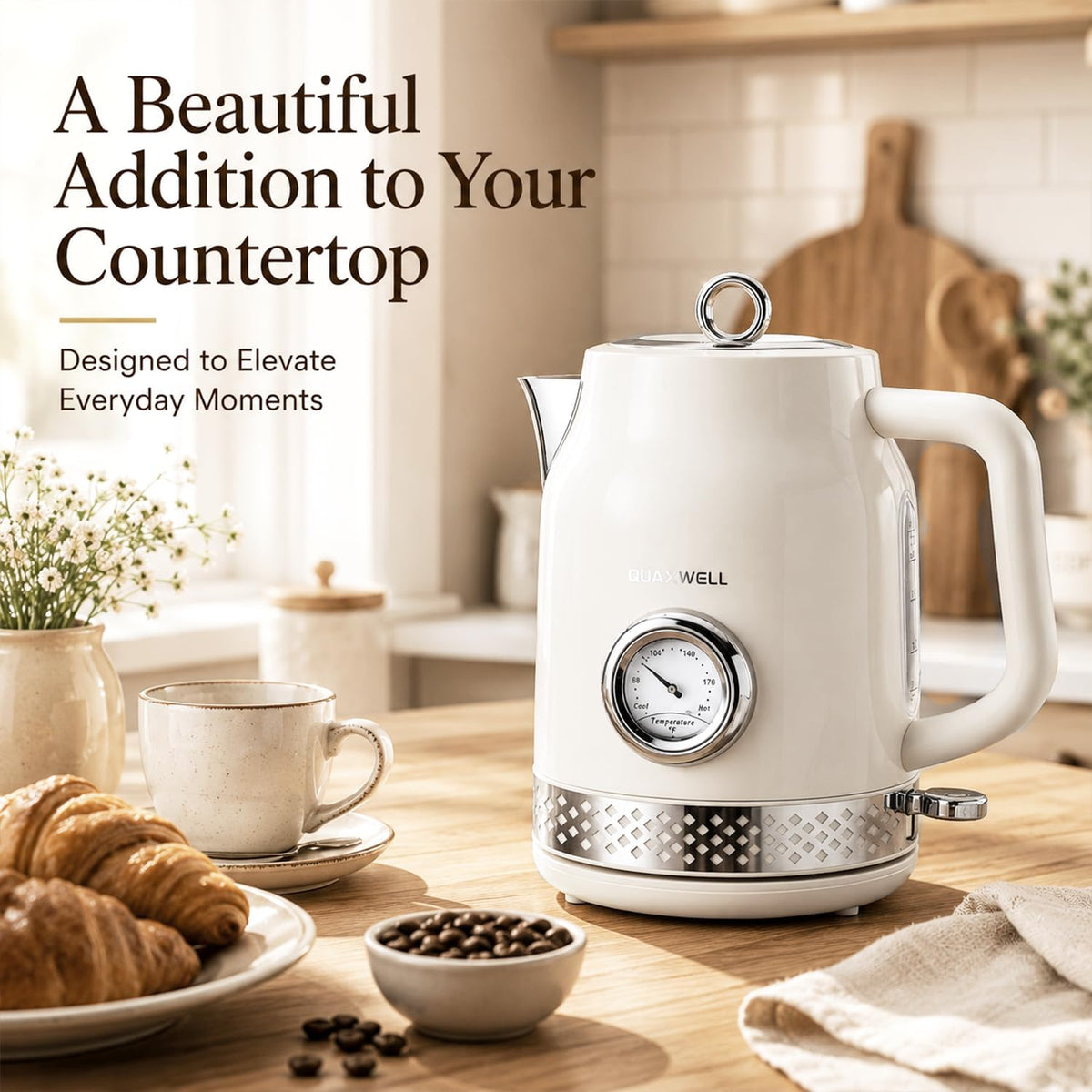 Retro Electric Tea Kettle, 1.7L, Matte White and Gold