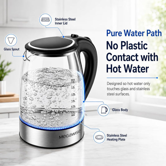 MEGAWISE Electric Kettle 1.8L, High Power Fast Boiling Hot Water Boiler, Auto Shut-Off, BPA-Free Food-Grade Material, Tea Kettle for Kitchen Home Office Coffee Tea