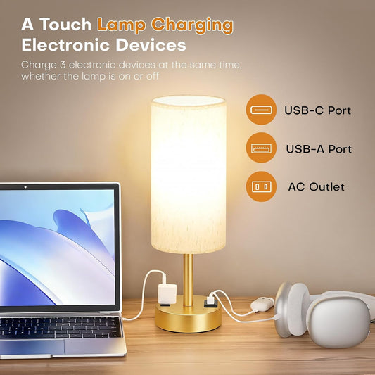 MOICO Bedside Table Lamp for Bedroom, 3-Way Dimmable Nightstand Lamp with USB C, USB A Ports & AC Outlet, Small Table Lamp Fabric Shade for Living Room Dorm Office, LED Bulb Included (14in Wood Grain)