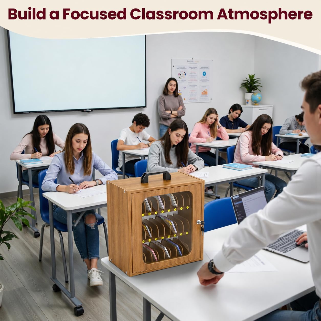 Cell Phone Caddy for Classroom, Adjustable 33 Slots Phone Locker Box for School Home Office Management Easy Assembly Wooden Cellphone Storage Cabinet for Teacher
