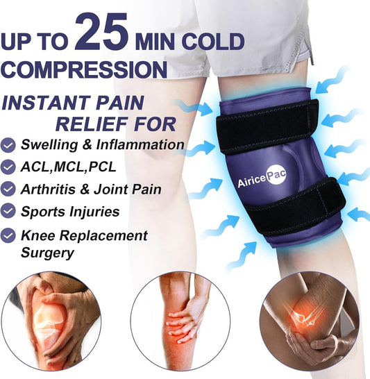 AiricePac 2 Ice Pack for Knee Pain Relief, Reusable Gel Ice Wrap for Injuries, Swelling, Knee Replacement Surgery, Cold Compress Therapy for Arthritis, Meniscus Tear and ACL, Blue