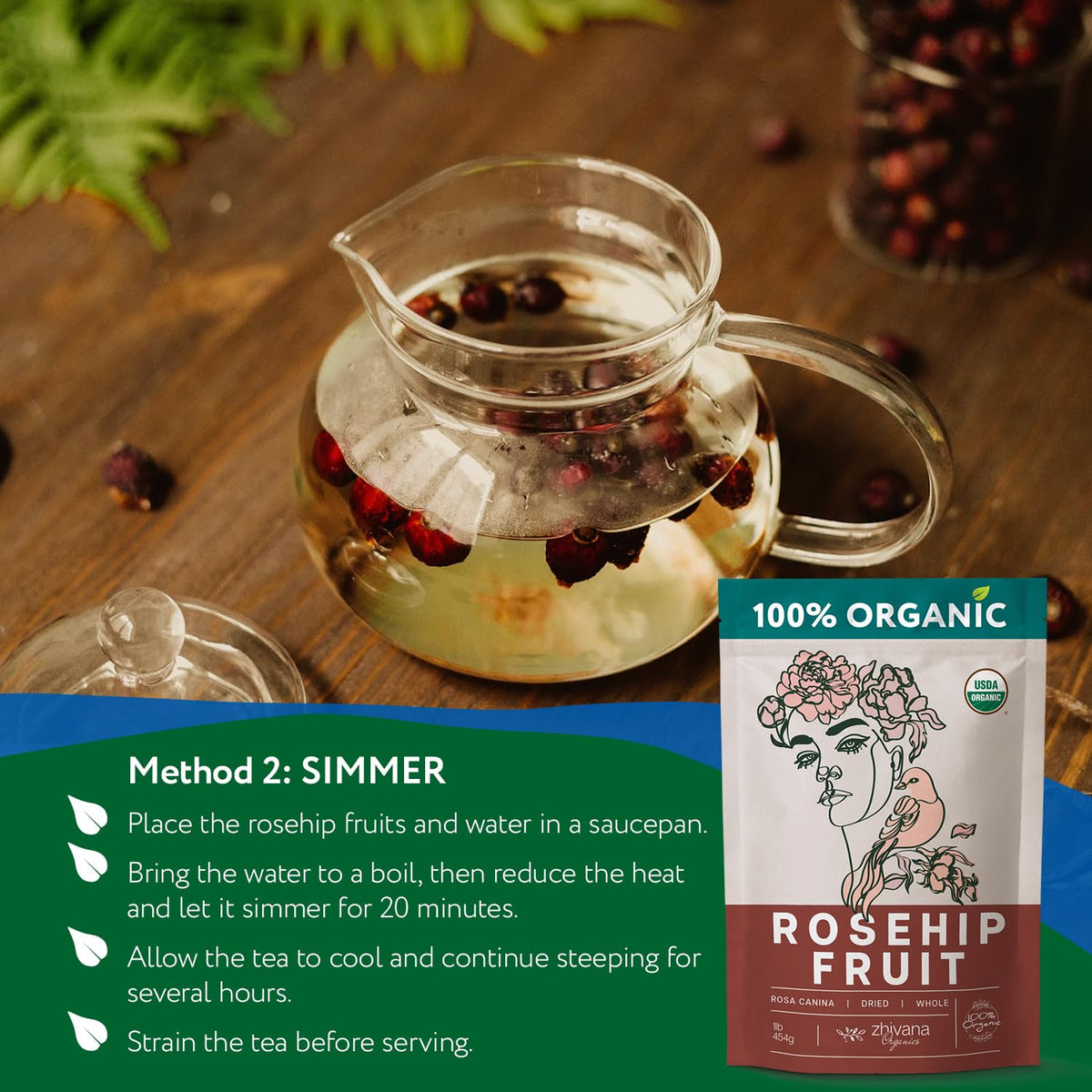 Rosehip Tea Organic (8oz.) – Dried Rose Hip Fruit Whole – Source of Vitamin C from Food
