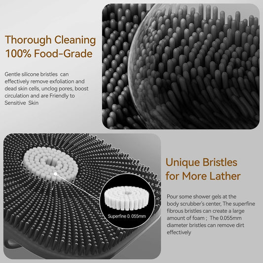 Zinc Infused Silicone Body Scrubber for Men, New Upgrade Deep Exfoliating Body Scrubber for Shower, Silicone Loofah Men for Sensitive Skin with Lathering Bristles and Ergonomic Non-Slip Handle (Gray)