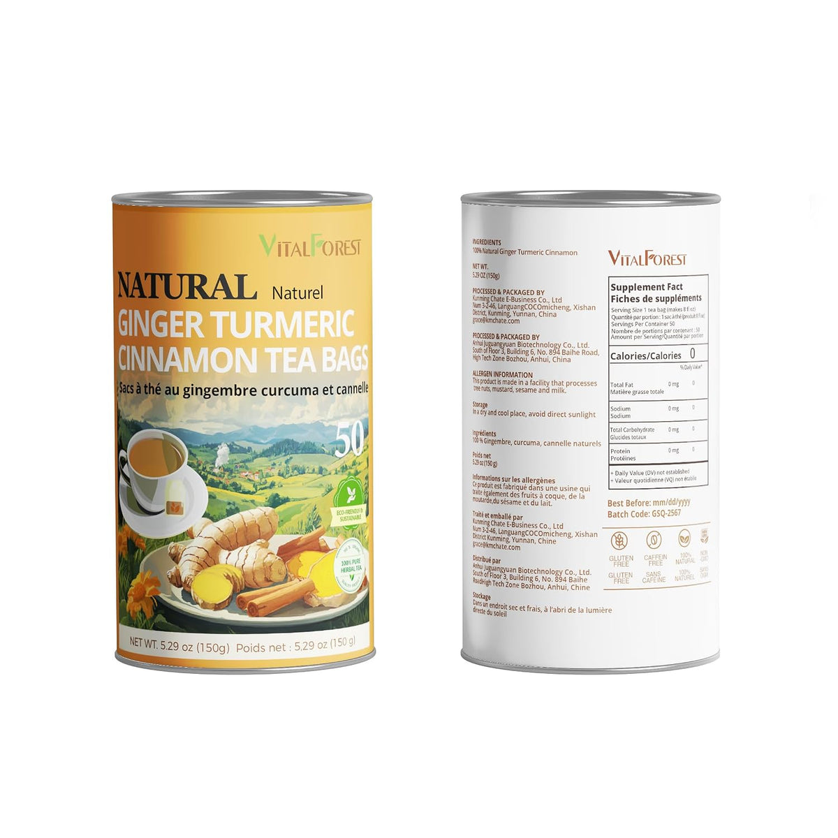 50 Premium Turmeric Ginger Cinnamon Tea Bags| Vitalforest Natural Ginger Tea Bags| Pure Turmeric Tea| Herbal Cinnamon Tea| Caffeine Free