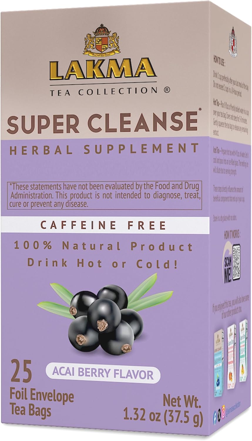 Lakma Super Cleanse Tea with Acai Berry, 100% Natural, Vegan, 25 Tea Bags