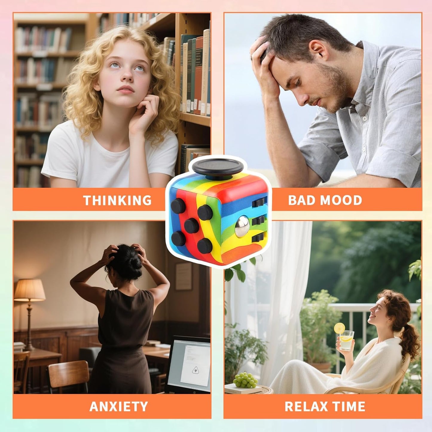 Fidget Cube for Adults, 4-Pack Cube Fidget Anxiety Relief, Silent & Audible Fidget Cube for Anxiety Relief, Handheld Sensory Toy for ADD/ADHD/OCD, Focus & Relaxation