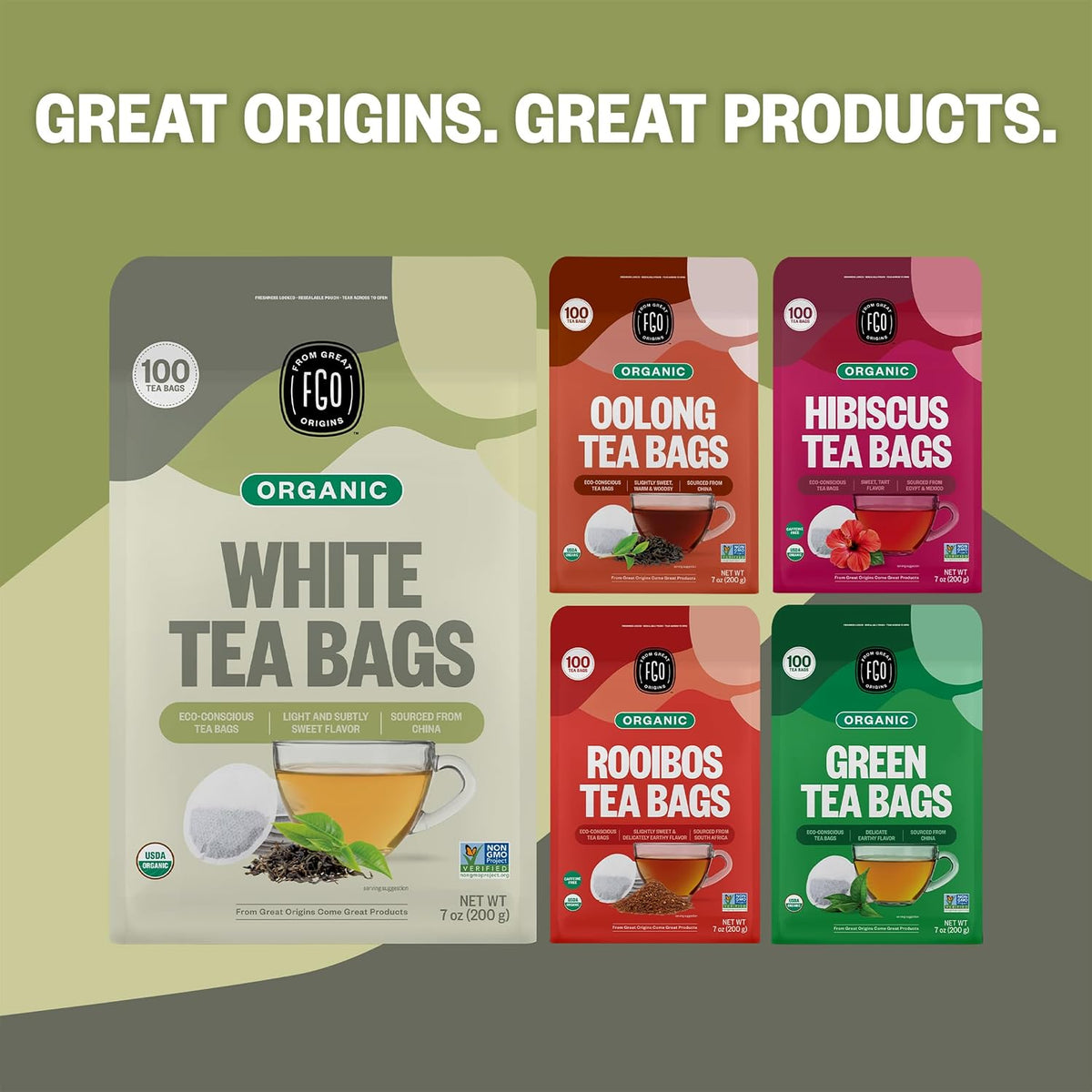 FGO Organic White Tea, 100 Count, Eco-Conscious Tea Bags, Resealable Bag, Packaging May Vary (Pack of 1)