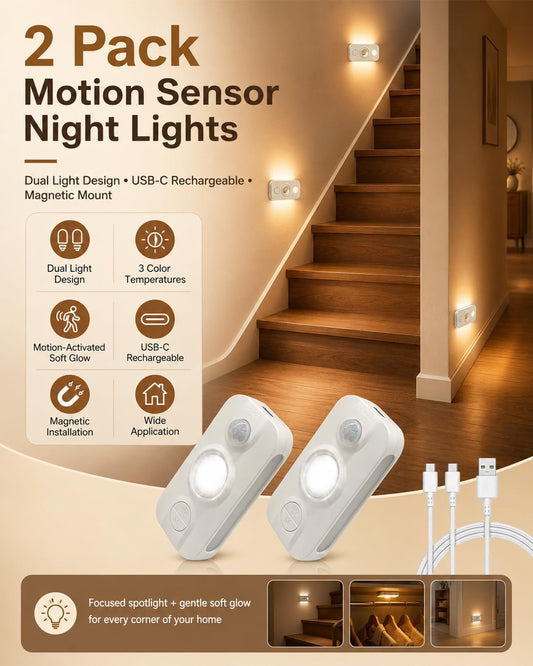 2pcs Stick-on Motion Sensor Stair Lights, Warm White LED Night Light, Stick-Anywhere Stair Lights, Closet Light, Battery Operated Wall Light for Kitchen, Hallway, Bedroom, Bathroom, Stairs
