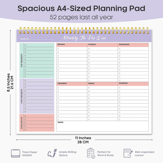 Taja Weekly To Do List Notepad with 52 Undated Sheets(8.5"×11")- Weekly Desk Planner for Women & Man, Work and Home -1 Pack Violet Dream
