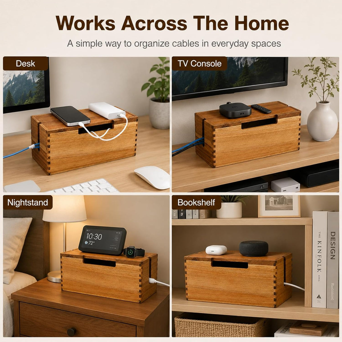 Acacia Wood Cable Management Box,Office Under Desk Cable Storage Box for Wire, Cord Hider Organizer for Power Strip, Electrical Hiding, TV Wires, Desk & Floor Cables