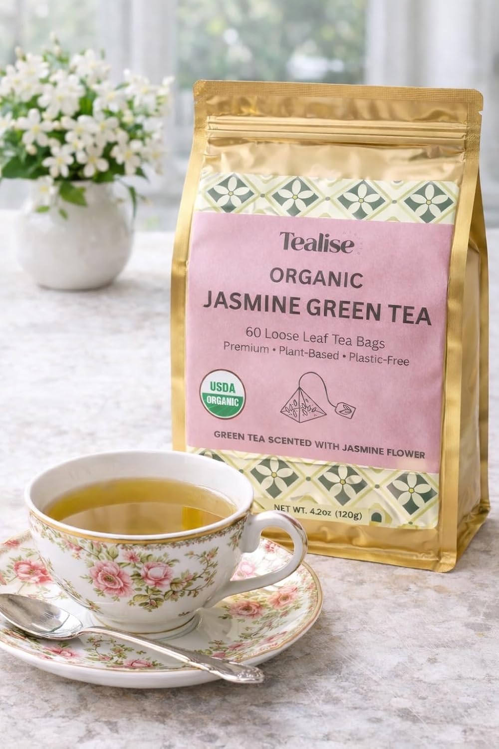 Organic Jasmine Green whole Leaf Pyramid Tea Bags – USDA Organic, Plant-Based & Plastic-Free Tea Bags, Smooth Floral Green Tea, 60 Count by Tealise