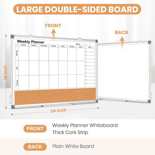 Weekly Dry Erase Calendar Whiteboard for Wall, 24" x 18" Cork Week Planner