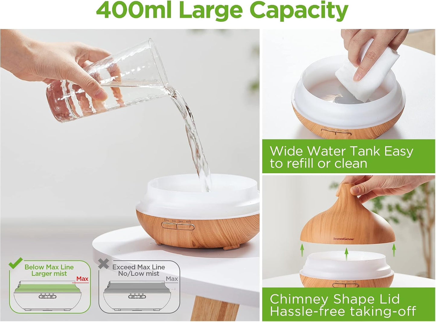InnoGear Aromatherapy Diffuser & 10 Essential Oils Set, 400ml Diffuser Ultrasonic Diffusers for Home Cool Mist Humidifier with 4 Timers 7 Colors Light Waterless Auto Off, Dark Wood Grain