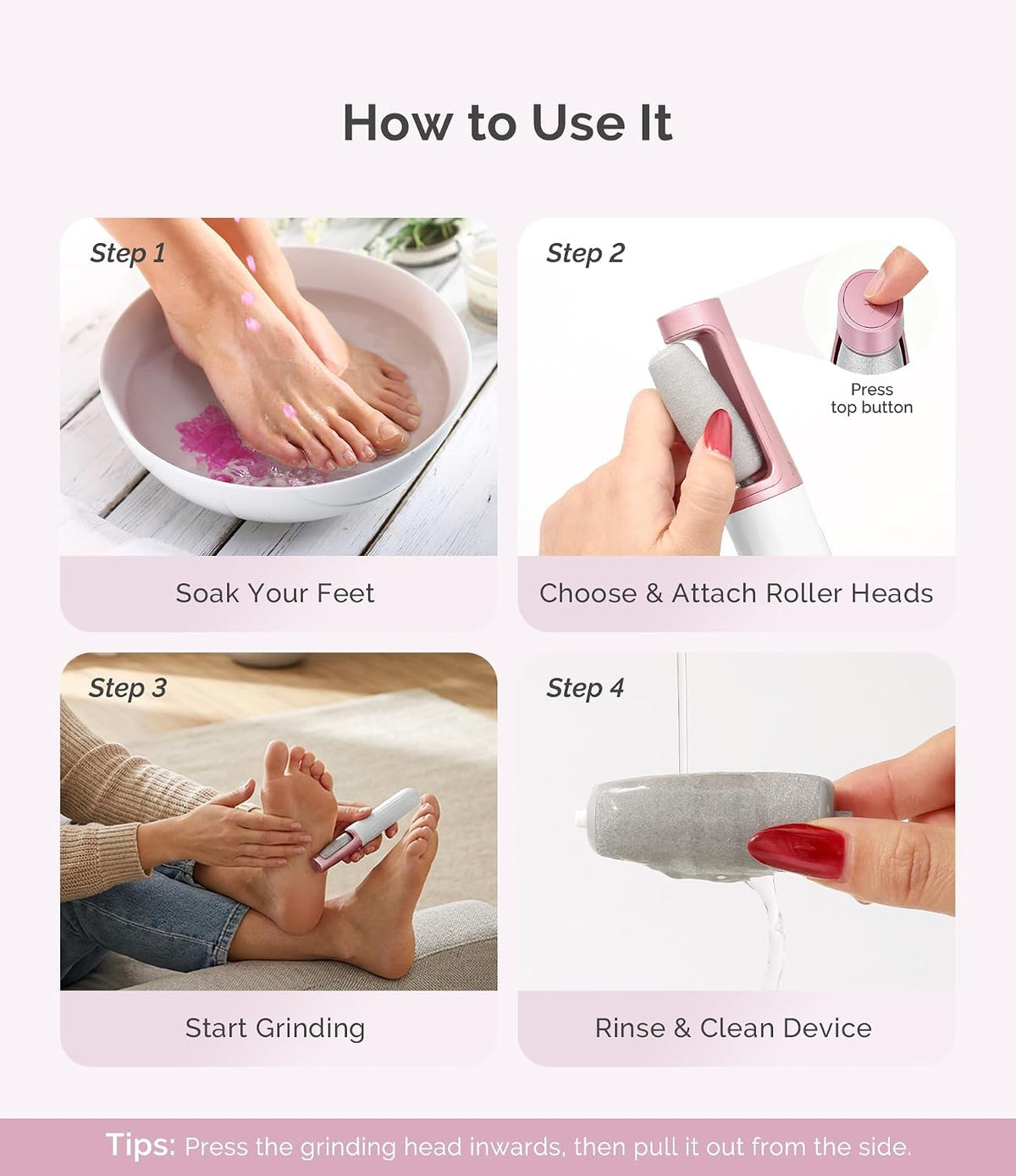MelodySusie Electric Callus Remover for Feet, PC800G Waterproof Rechargeable Pedicure Tool with Light & 3 Different Grits Roller Heads & Adjustable Speeds, for Dead Skin & Cracked Heel (Pink Rose)