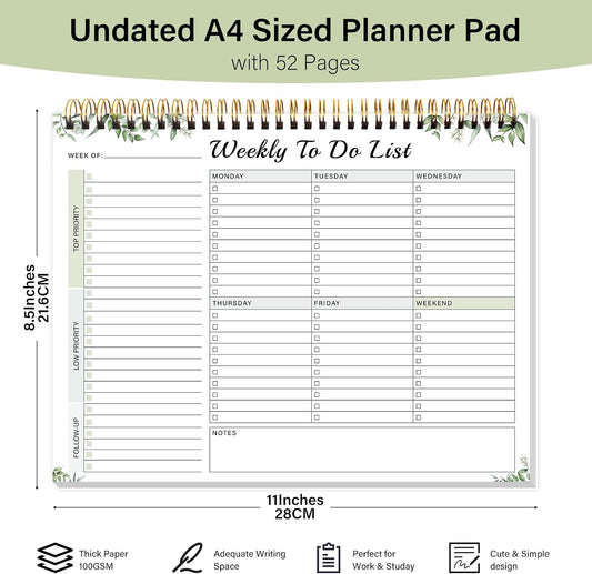 Weekly To Do List Notepad with 52 Undated Sheets(8.5"×11")- Weekly Desk Planner Pad with Spiral Binding for Women & Man, Office, School and Home Personal Organizer