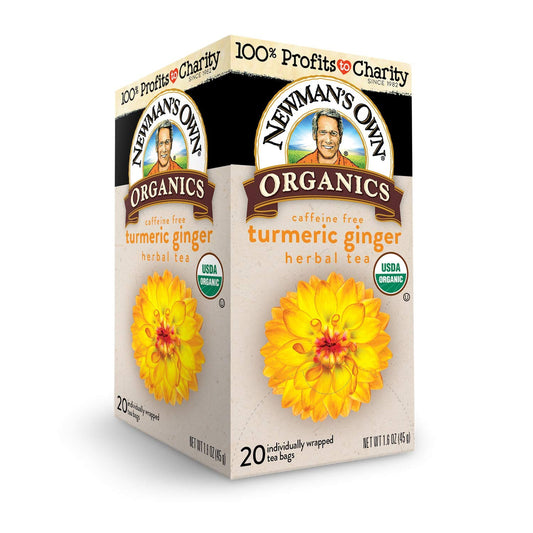 Newmanโs Own Organic Turmeric Ginger Herbal Tea Caffeine-Free May Aid Digestion and Boost Immunity Turmeric Tea with 20 Individually Wrapped Tea Bags Per Box (Pack of 6) USDA Certified