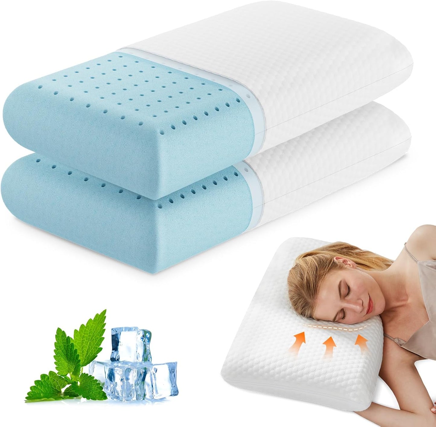 OLIXIS Memory Foam Pillow, Standard Size Pillows for Sleeping, White, 2 PCS | Firm and Comfortable Support Bed Pillow for Back and Side Sleepers, Cooling Gel Technology, Breathable Mesh & Washable Cover