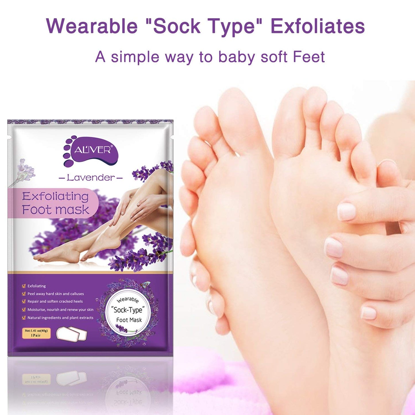 ALIVER Foot Peeling Mask - 5 Pack, Exfoliating Mask Make Feet Baby Soft, Foot Mask for Dry Cracked Skin, Peeling Away Dead Skin, Calluses - Lavender