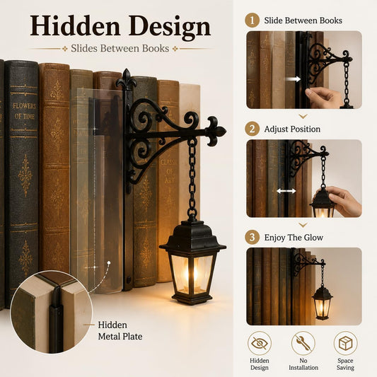 Library Lantern-Decorative Bookshelf Lighting, Mini Bookshelf Lamp Slides Between Books, Warm Amber LED Bookshelf Lights for Book Nook, Shelf Decor Gift for Book Lovers(Reading Ghost)