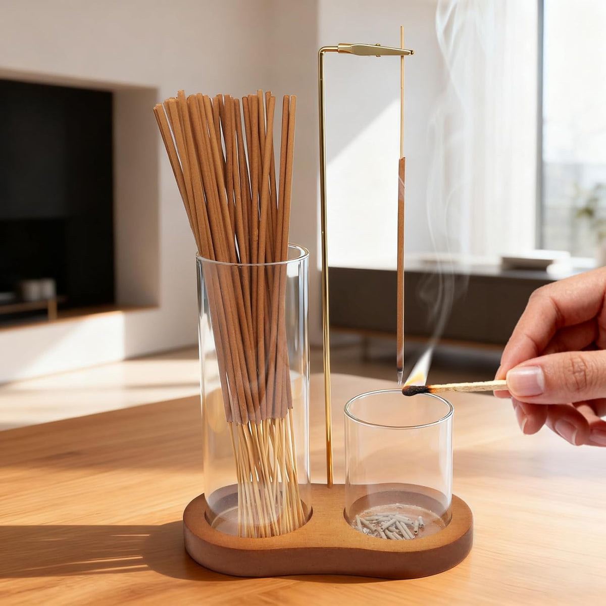 Incense Holder, 2 in 1 Incense Sticks Burner with Glass Ash Catcher & Stick Storage, Meditation Yoga Spa Gifts for Women, House Warming Gifts New Home Wooden Aesthetic Room Decor, Rustic Brown