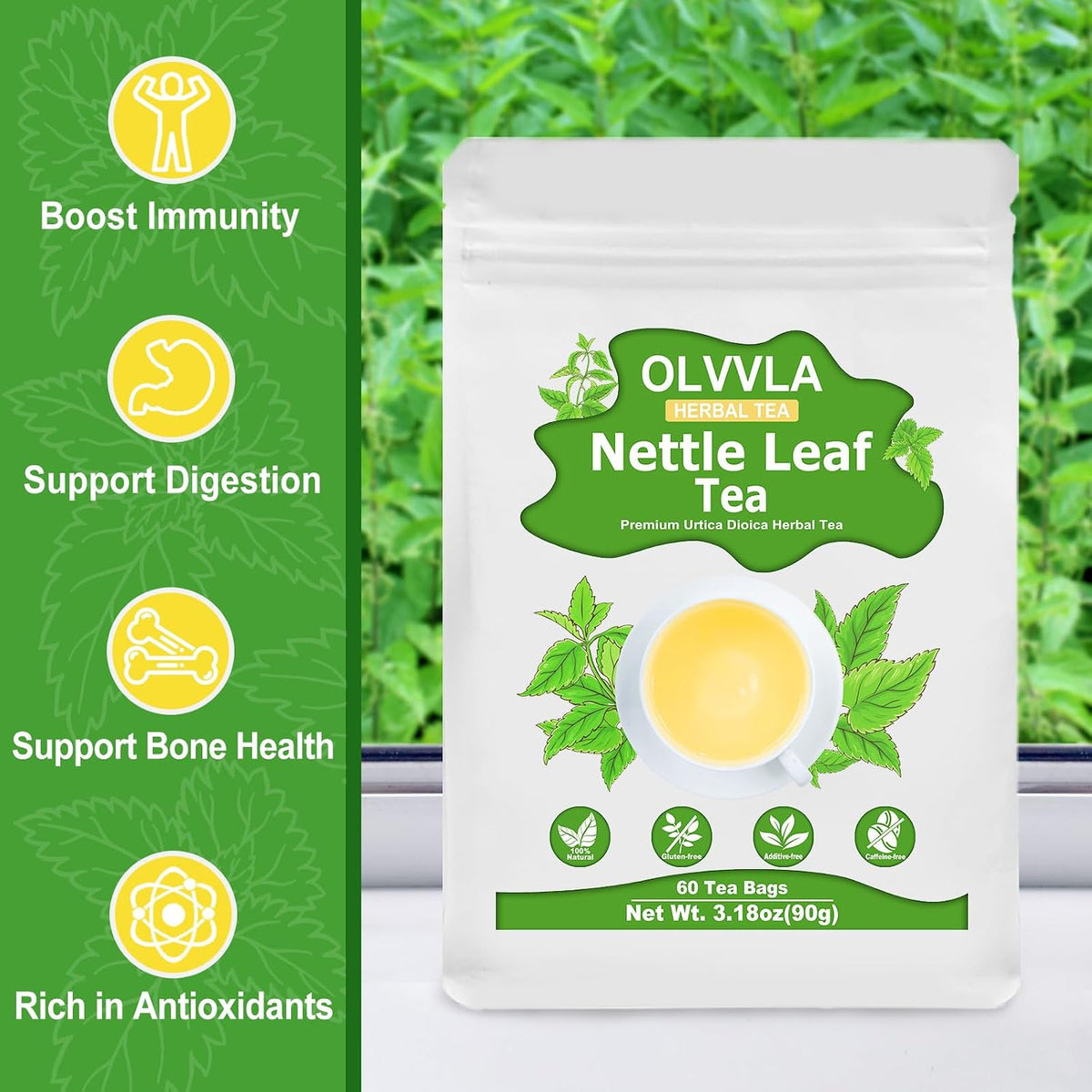 Olvvla - Nettle Leaf Tea - 1.5g X 60 Count - Pure Stinging Nettle Leaves