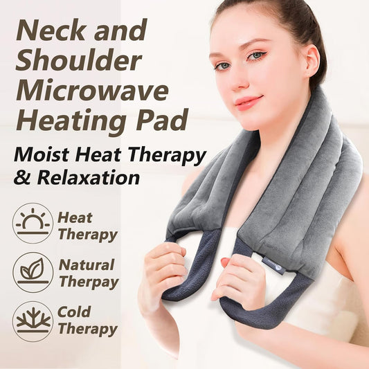 AiricePac Microwave Heating pad for Neck and Shoulders Back 33 * 5" microwavable Moist Heat Pack Warm hot Compress Neck wrap Weighted Rice Bean Bag Reusable Herbal Nature Calming Portable Grey